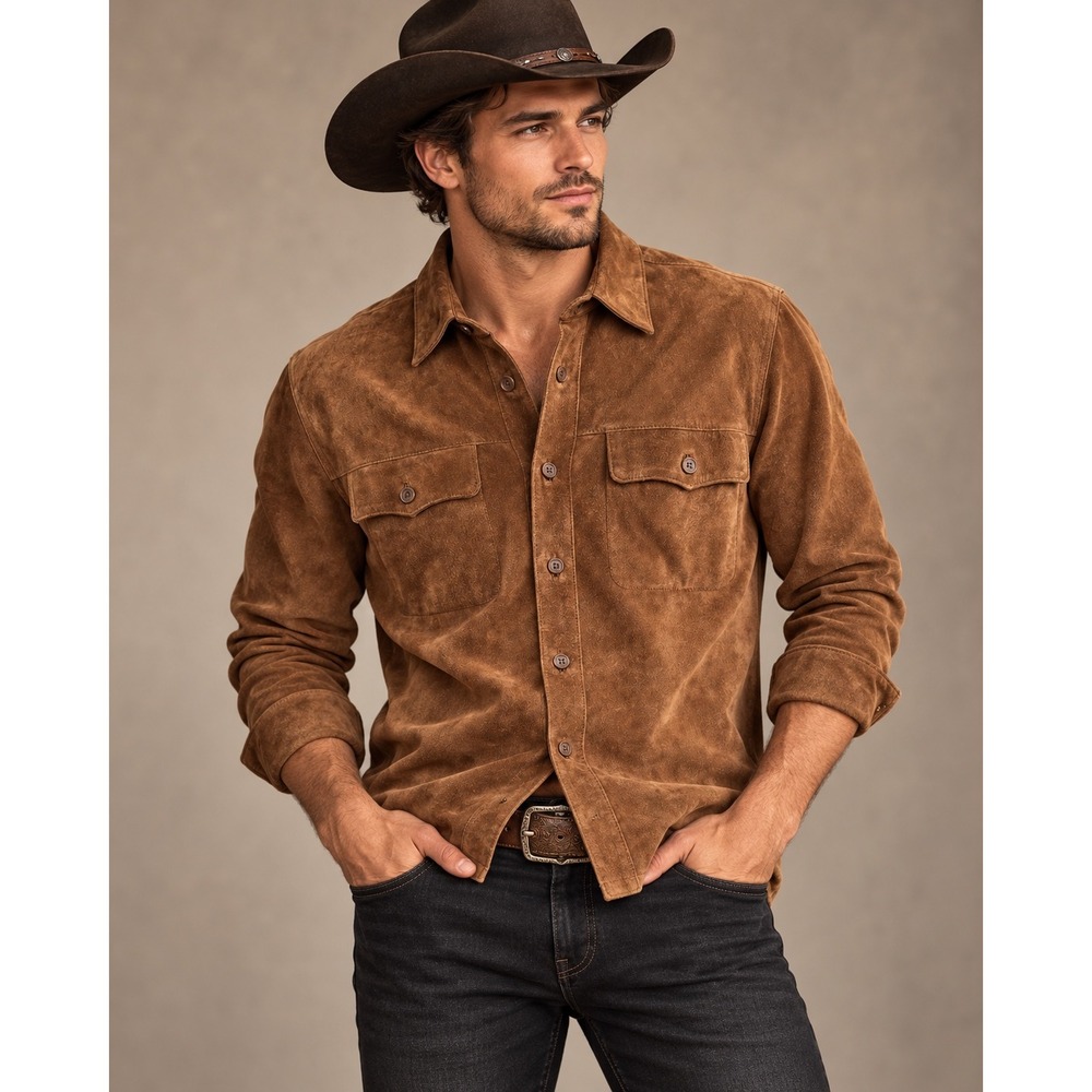 Danier Mens Brown Suede Leather Shirt Jacket Western Button Up Medium 90108